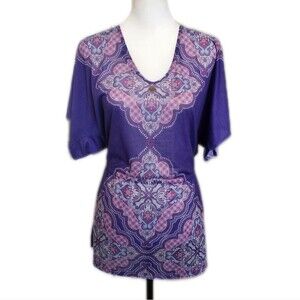 prAna tunic caftan swim cover up, drawstring waist, purple & pink